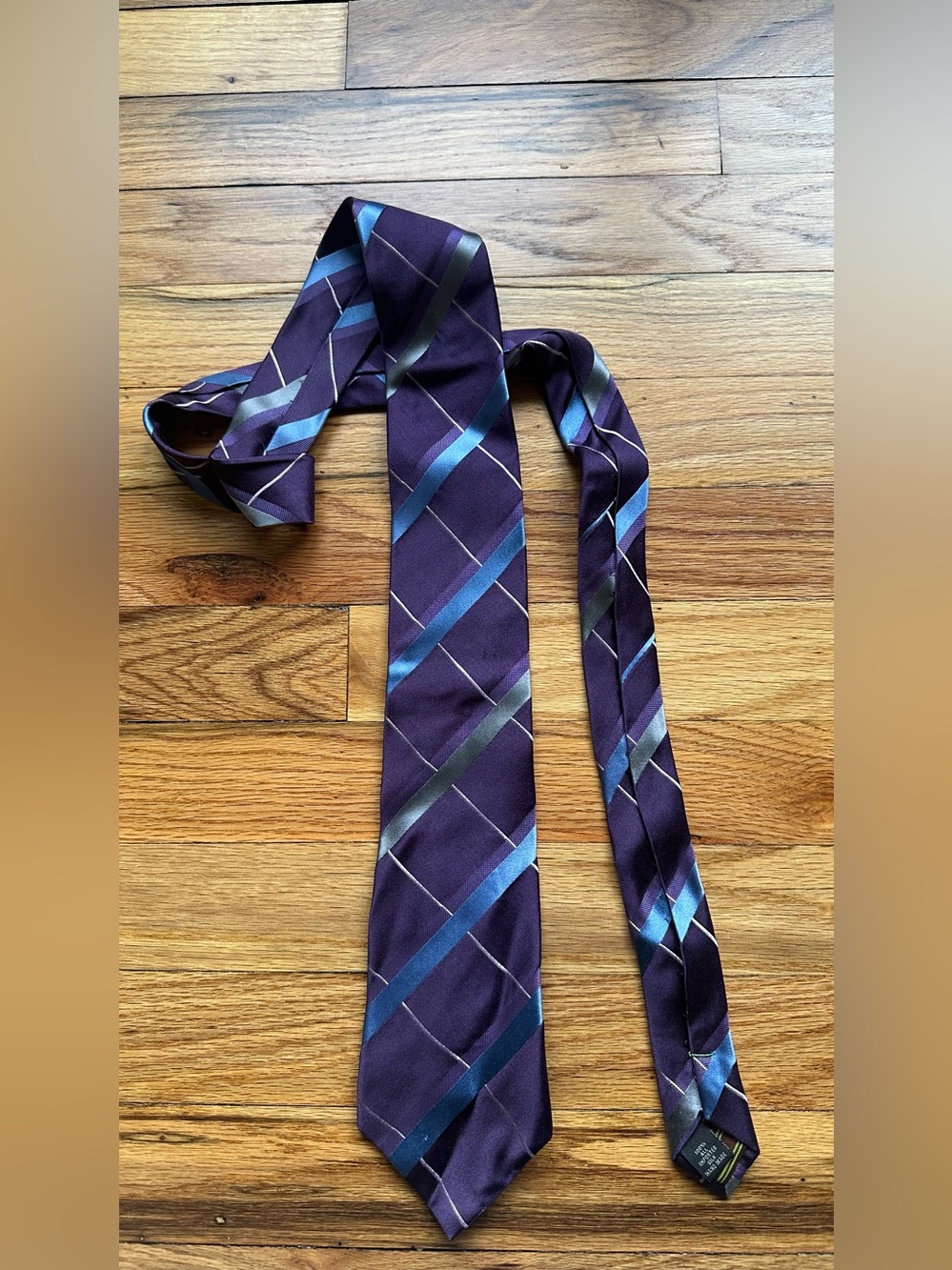 BCBG Attitude 100% Silk Tie – Plum Purple & Blue Striped Plaid, Hand Sewn